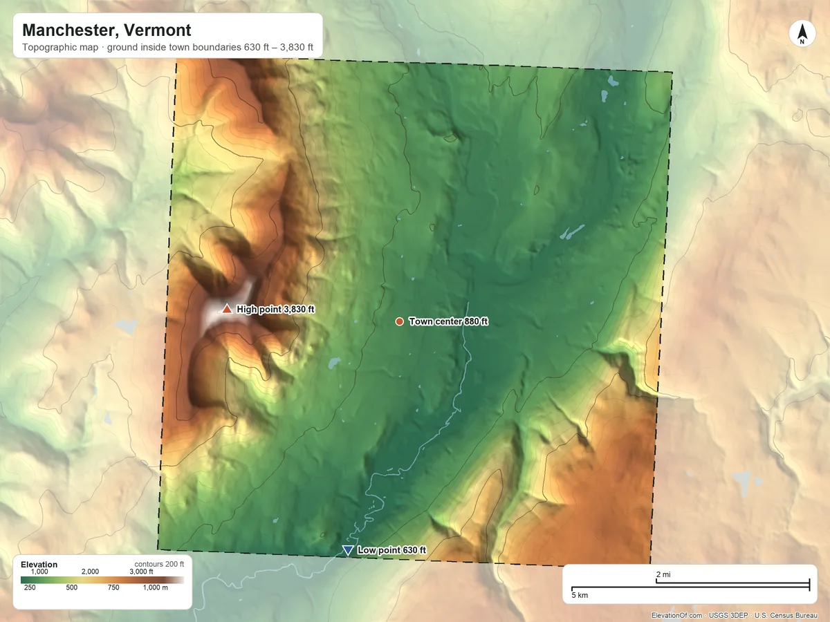 Topographic elevation map of Manchester, Vermont, shaded from 630 ft on the south side to 3,830 ft on Equinox Mountain