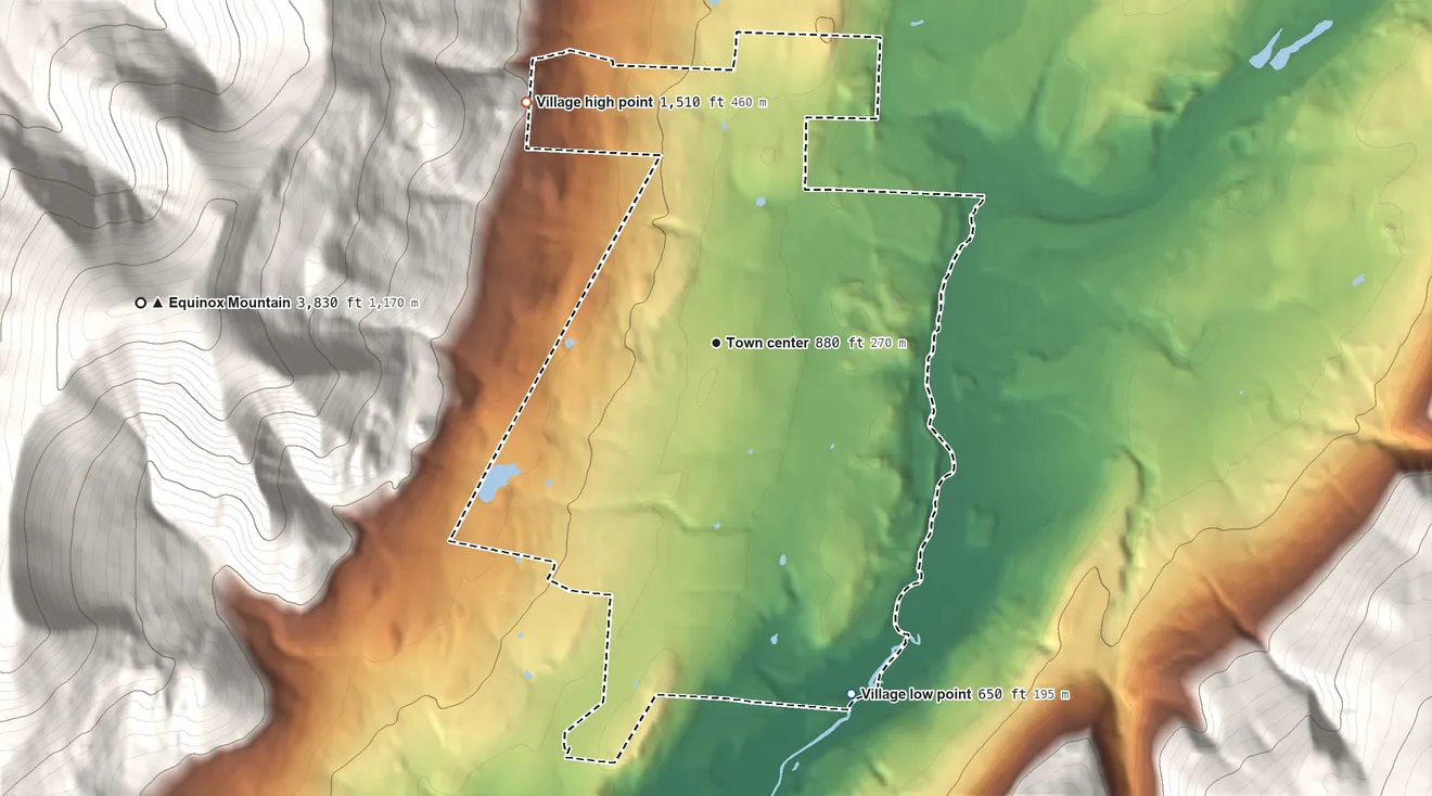 Topographic elevation map of Village of Manchester, Vermont, shaded from 650 ft on the south side to 1,510 ft on the northwest edge, below higher ground just outside