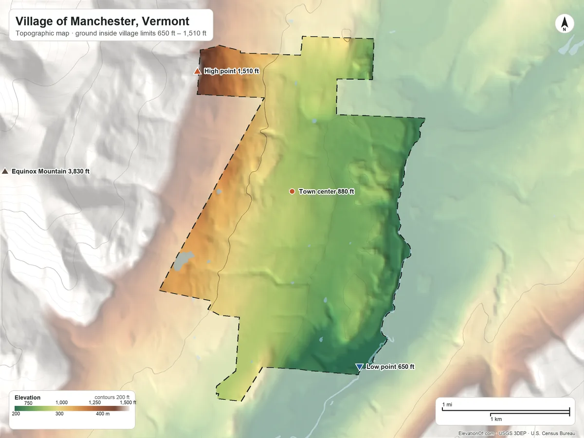 Topographic elevation map of Village of Manchester, Vermont, shaded from 650 ft on the south side to 1,510 ft on the northwest edge, below higher ground just outside