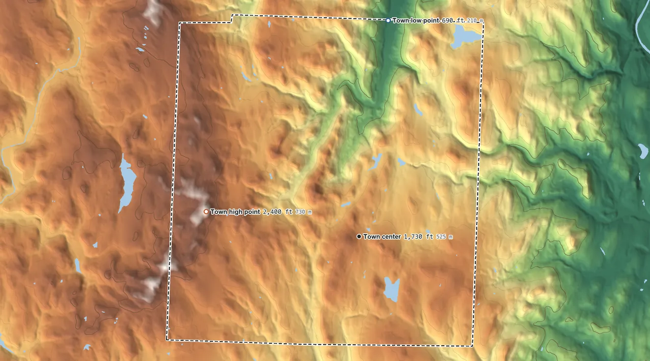 Topographic elevation map of Marlboro, Vermont, shaded from 690 ft on the north side to 2,400 ft on the west side