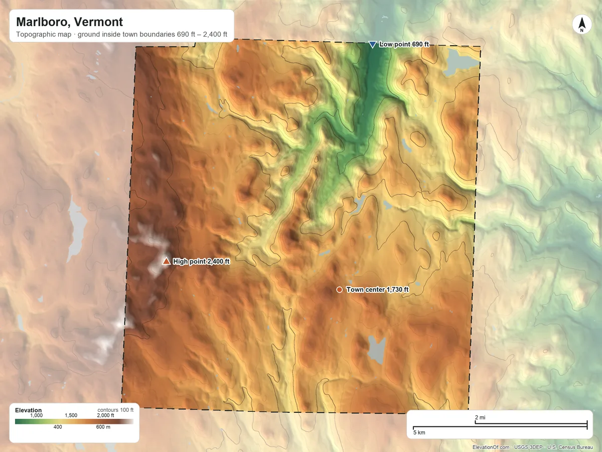 Topographic elevation map of Marlboro, Vermont, shaded from 690 ft on the north side to 2,400 ft on the west side