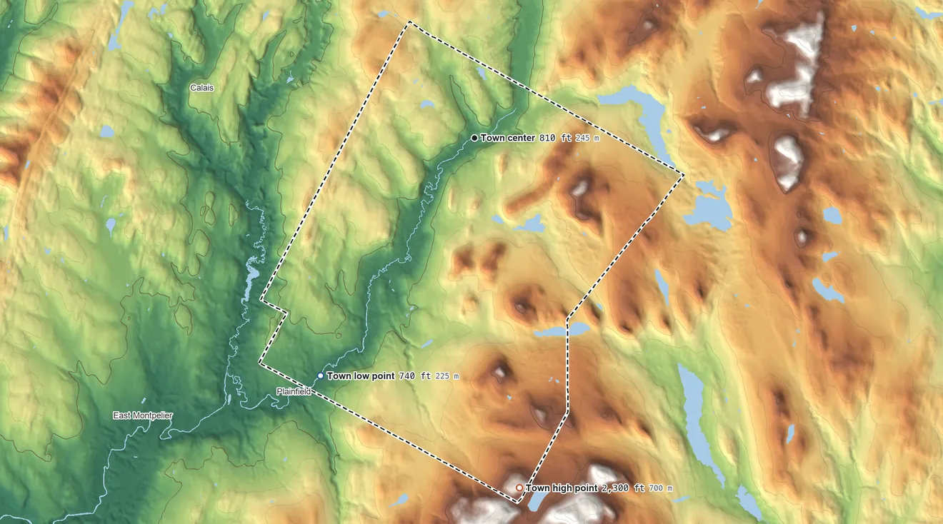 Topographic elevation map of Marshfield, Vermont, shaded from 740 ft on the southwest side to 2,300 ft on the south edge, below higher ground just outside