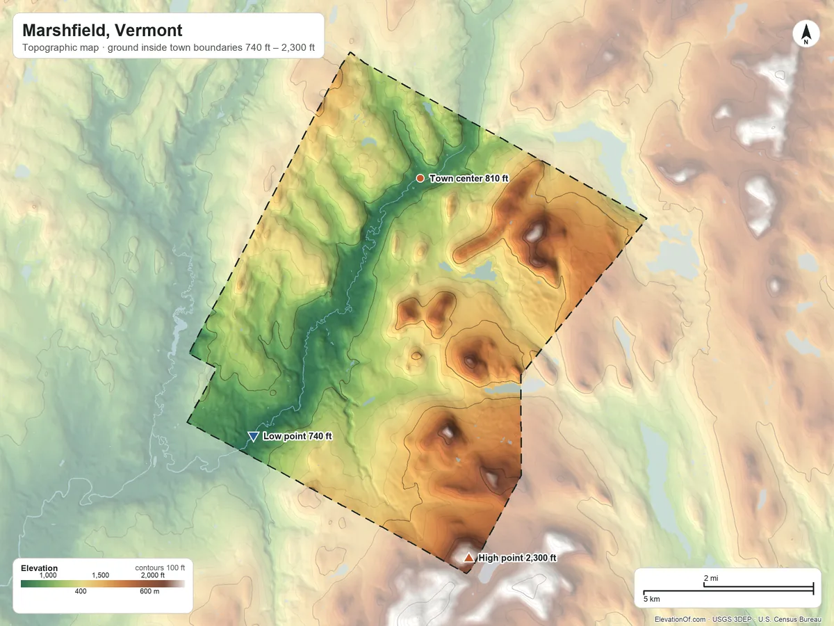 Topographic elevation map of Marshfield, Vermont, shaded from 740 ft on the southwest side to 2,300 ft on the south edge, below higher ground just outside