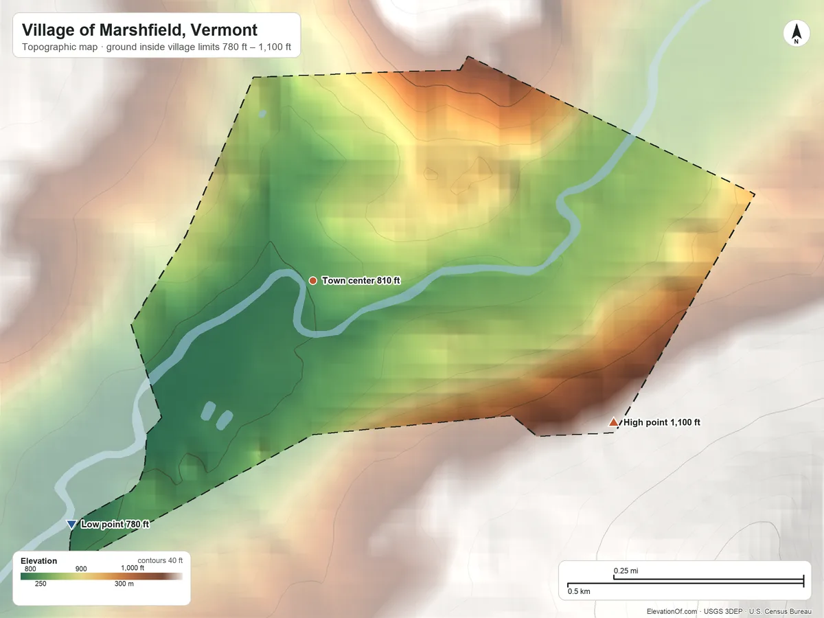 Topographic elevation map of Village of Marshfield, Vermont, shaded from 780 ft on the southwest side to 1,100 ft at the foot of the Woodbury Mountains