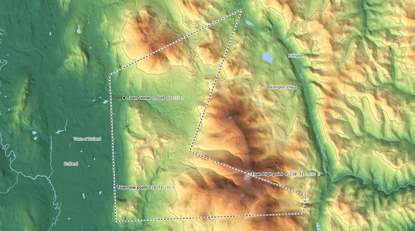 Topographic elevation map of Mendon, Vermont, shaded from 810 ft on the south side to 4,229 ft on Killington Peak