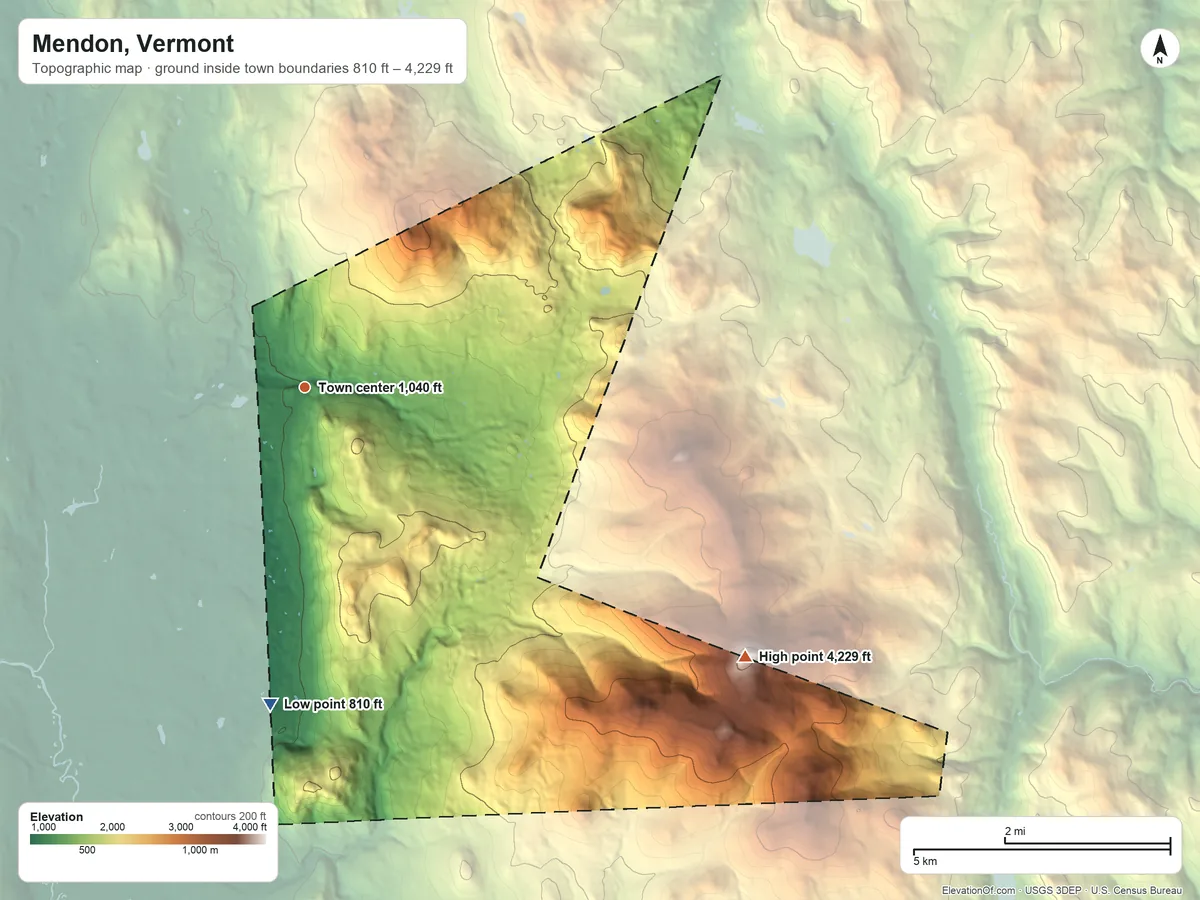 Topographic elevation map of Mendon, Vermont, shaded from 810 ft on the south side to 4,229 ft on Killington Peak