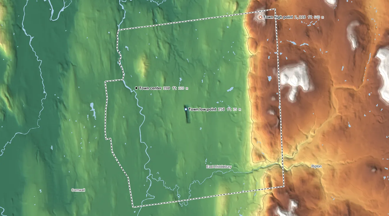 Topographic elevation map of Middlebury, Vermont, shaded from 250 ft on the southeast side to 2,110 ft on the northeast side