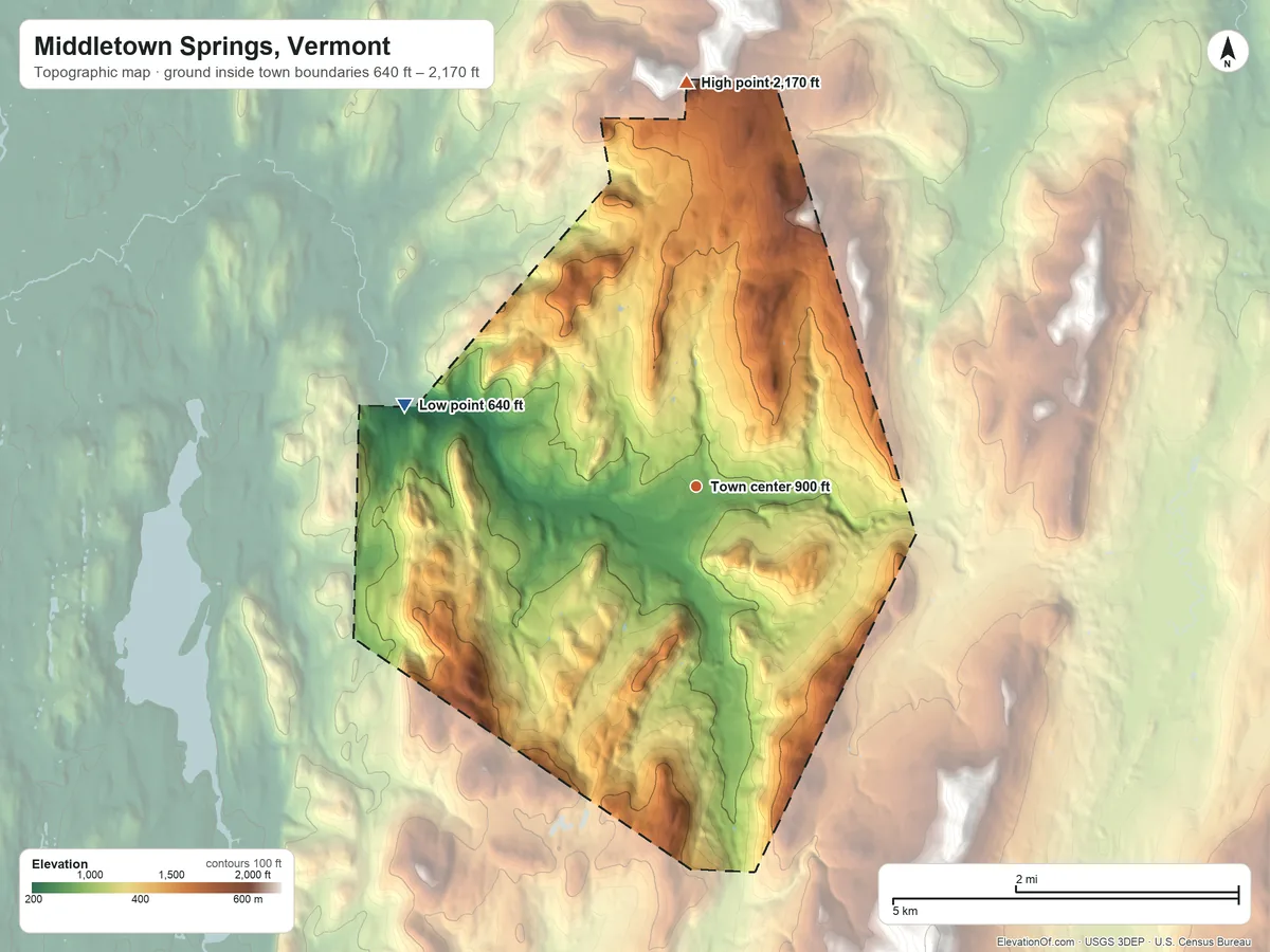 Topographic elevation map of Middletown Springs, Vermont, shaded from 640 ft on the west side to 2,170 ft on the north edge, below higher ground just outside