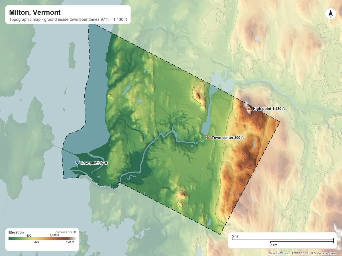 Topographic elevation map of Milton, Vermont, shaded from 97 ft on the west side to 1,430 ft on Georgia Mountain