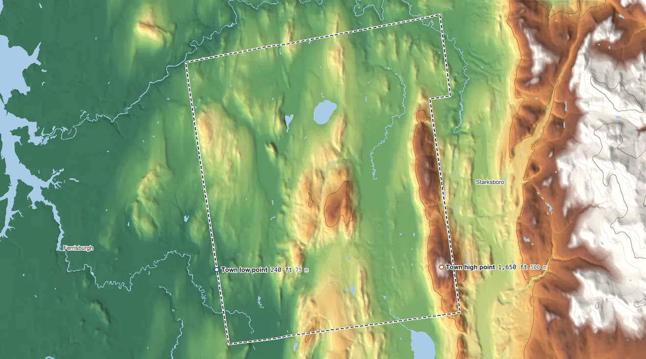 Topographic elevation map of Monkton, Vermont, shaded from 240 ft on the southwest side to 1,650 ft on the southeast side