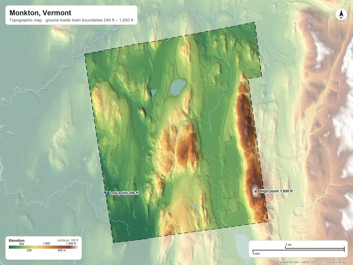 Topographic elevation map of Monkton, Vermont, shaded from 240 ft on the southwest side to 1,650 ft on the southeast side