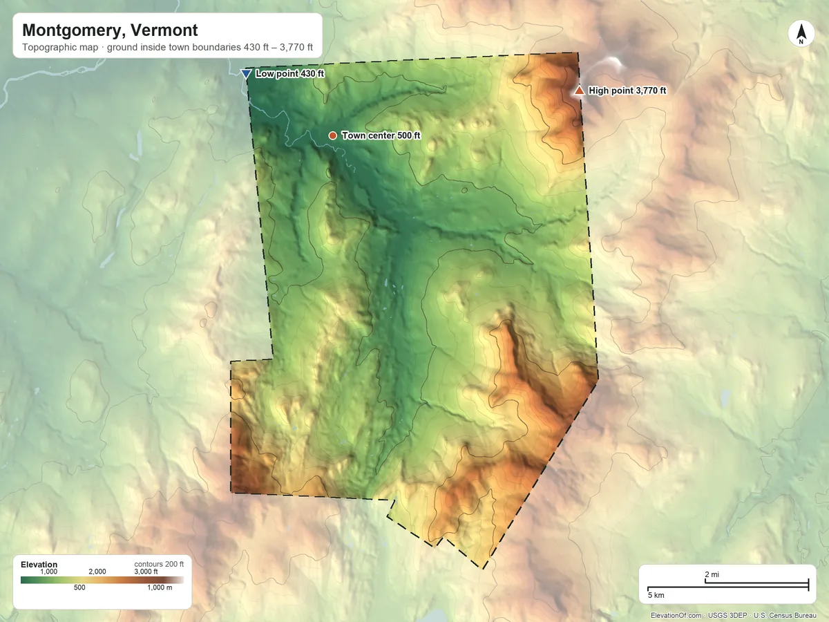 Topographic elevation map of Montgomery, Vermont, shaded from 430 ft on the northwest side to 3,770 ft on Big Jay