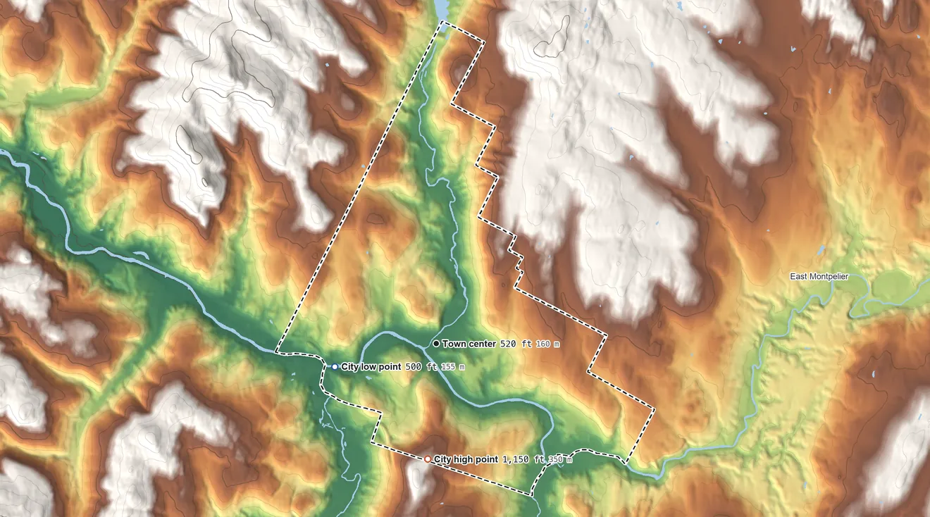 Topographic elevation map of Montpelier, Vermont, shaded from 500 ft on the west side to 1,150 ft on the south side