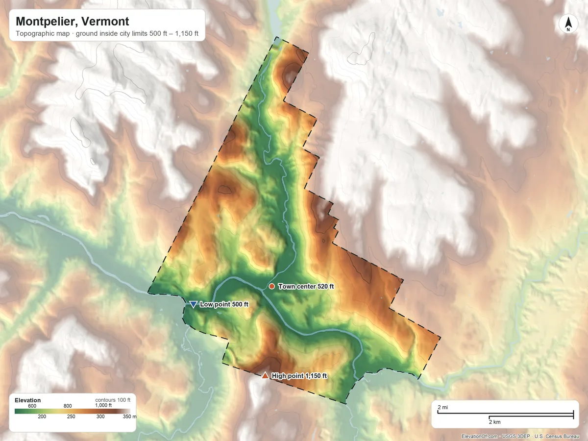 Topographic elevation map of Montpelier, Vermont, shaded from 500 ft on the west side to 1,150 ft on the south side