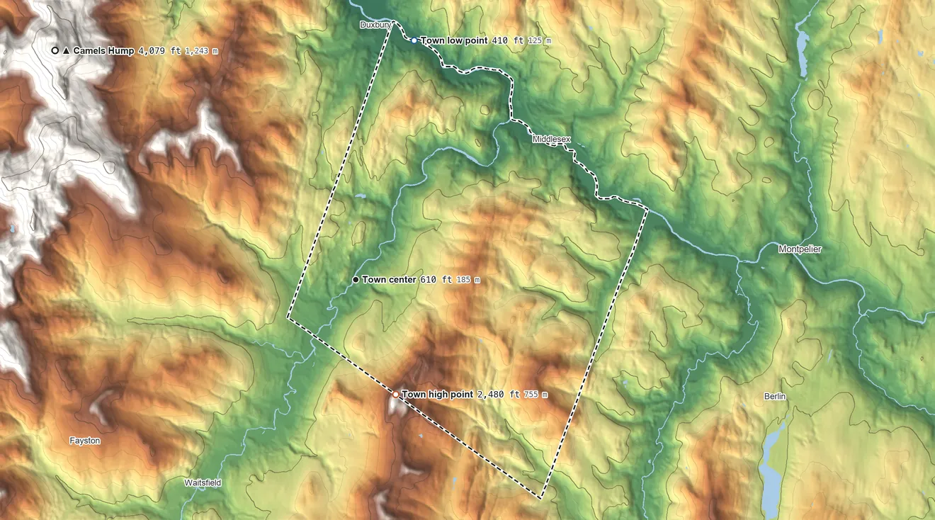 Topographic elevation map of Moretown, Vermont, shaded from 410 ft on the north side to 2,480 ft on the south edge, below higher ground just outside