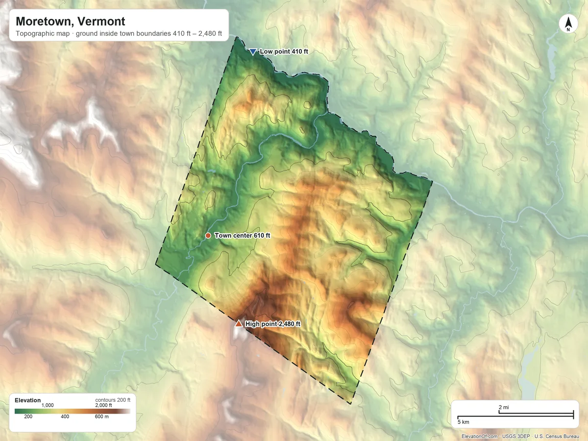 Topographic elevation map of Moretown, Vermont, shaded from 410 ft on the north side to 2,480 ft on the south edge, below higher ground just outside