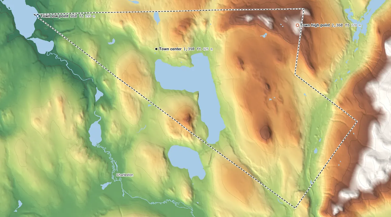 Topographic elevation map of Morgan, Vermont, shaded from 960 ft on the west side to 2,360 ft on the east side
