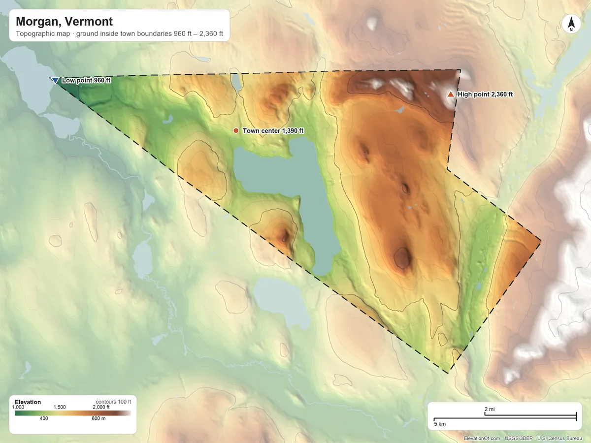Topographic elevation map of Morgan, Vermont, shaded from 960 ft on the west side to 2,360 ft on the east side