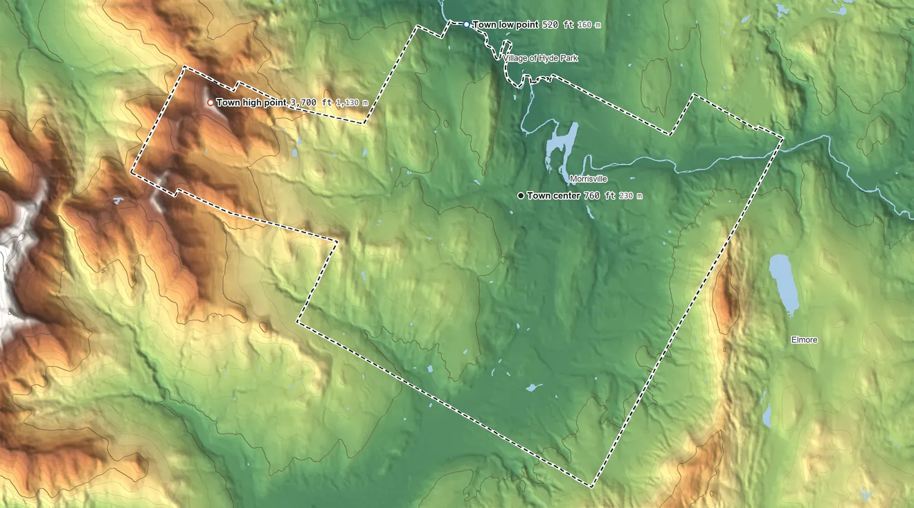 Topographic elevation map of Morristown, Vermont, shaded from 520 ft on the north side to 3,700 ft on Sterling Mountain