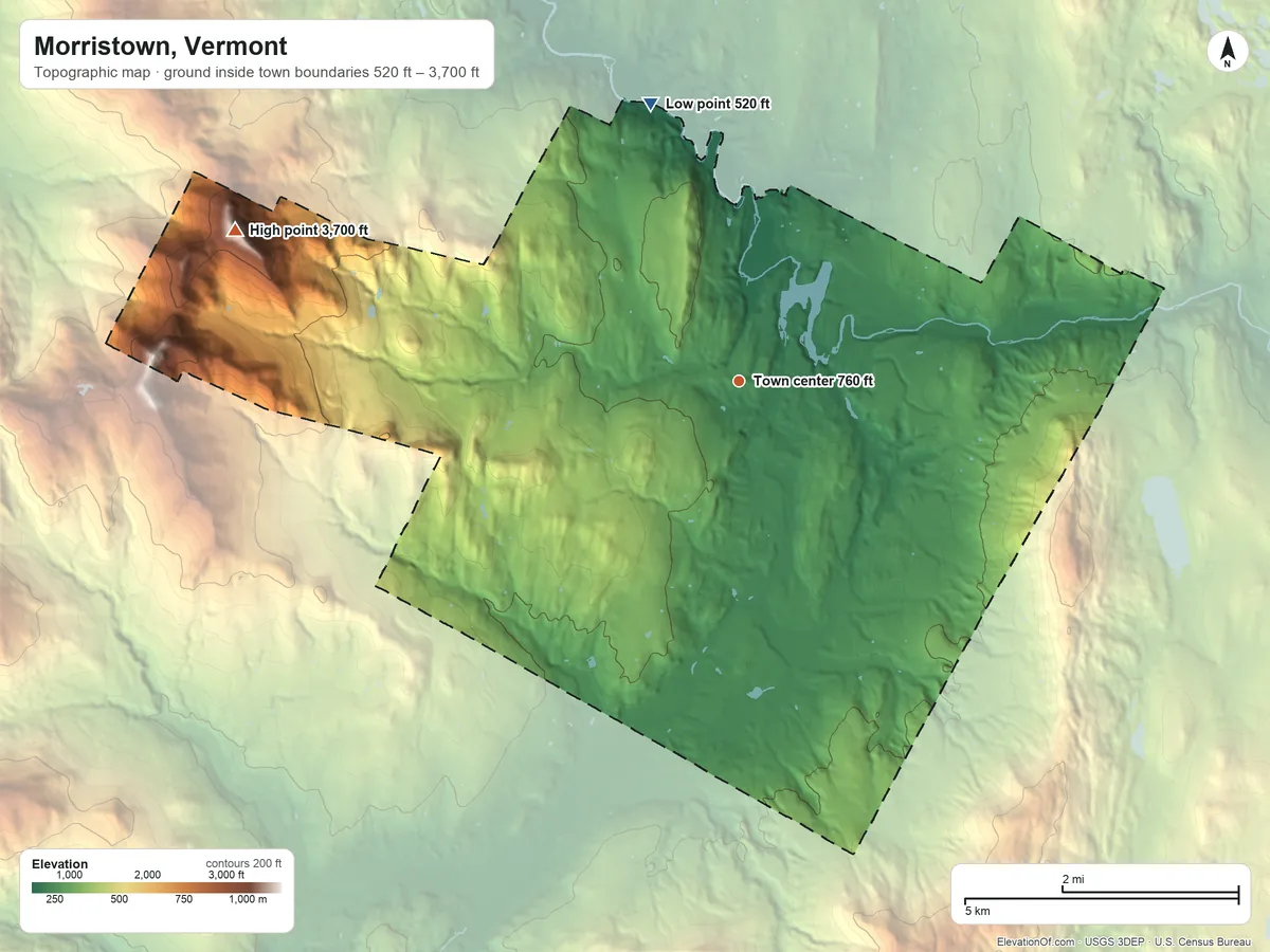 Topographic elevation map of Morristown, Vermont, shaded from 520 ft on the north side to 3,700 ft on Sterling Mountain