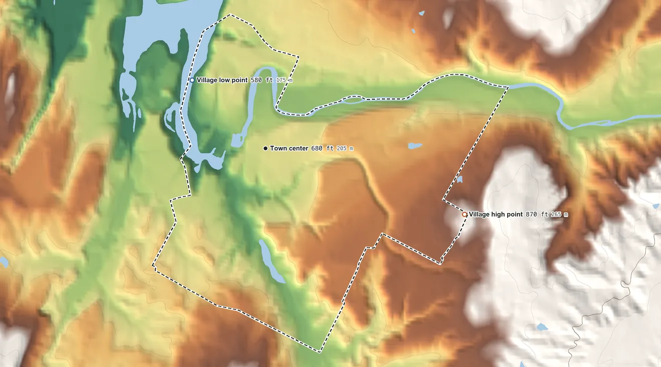 Topographic elevation map of Morrisville, Vermont, shaded from 580 ft on the northwest side to 870 ft at the foot of the Sterling Range