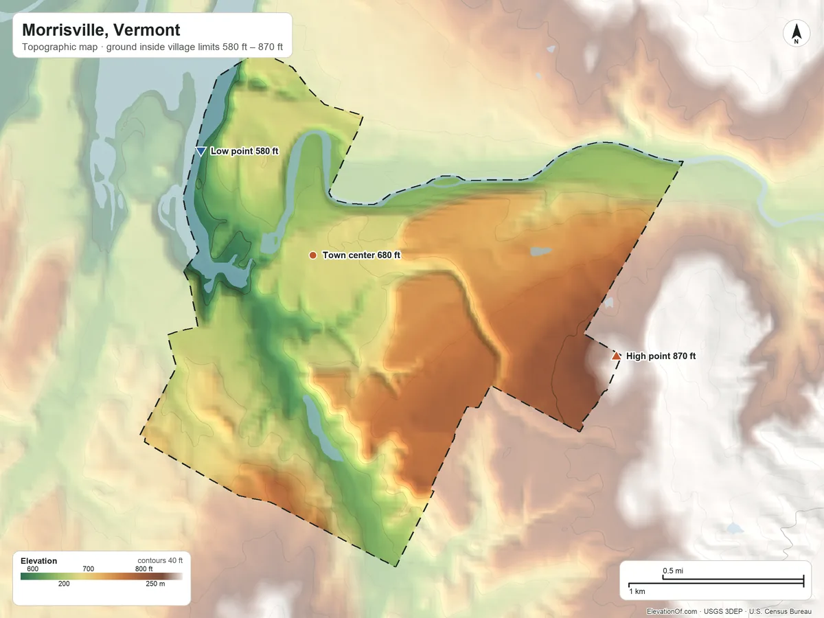 Topographic elevation map of Morrisville, Vermont, shaded from 580 ft on the northwest side to 870 ft at the foot of the Sterling Range