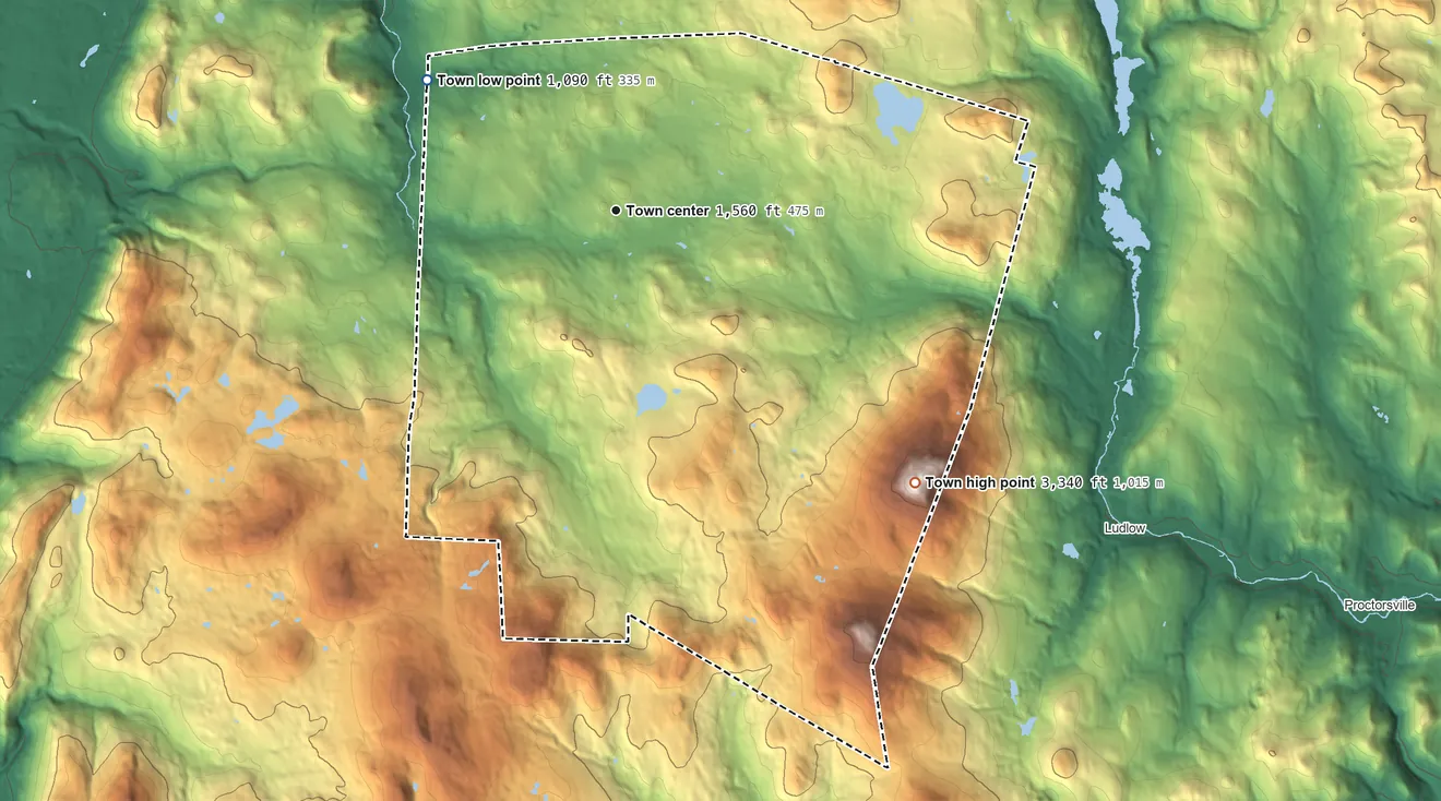 Topographic elevation map of Mount Holly, Vermont, shaded from 1,090 ft on the northwest side to 3,340 ft on Ludlow Mountain