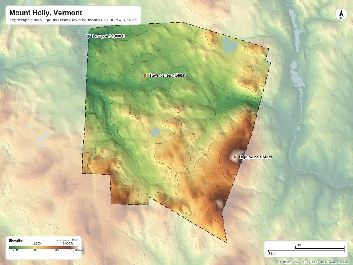 Topographic elevation map of Mount Holly, Vermont, shaded from 1,090 ft on the northwest side to 3,340 ft on Ludlow Mountain