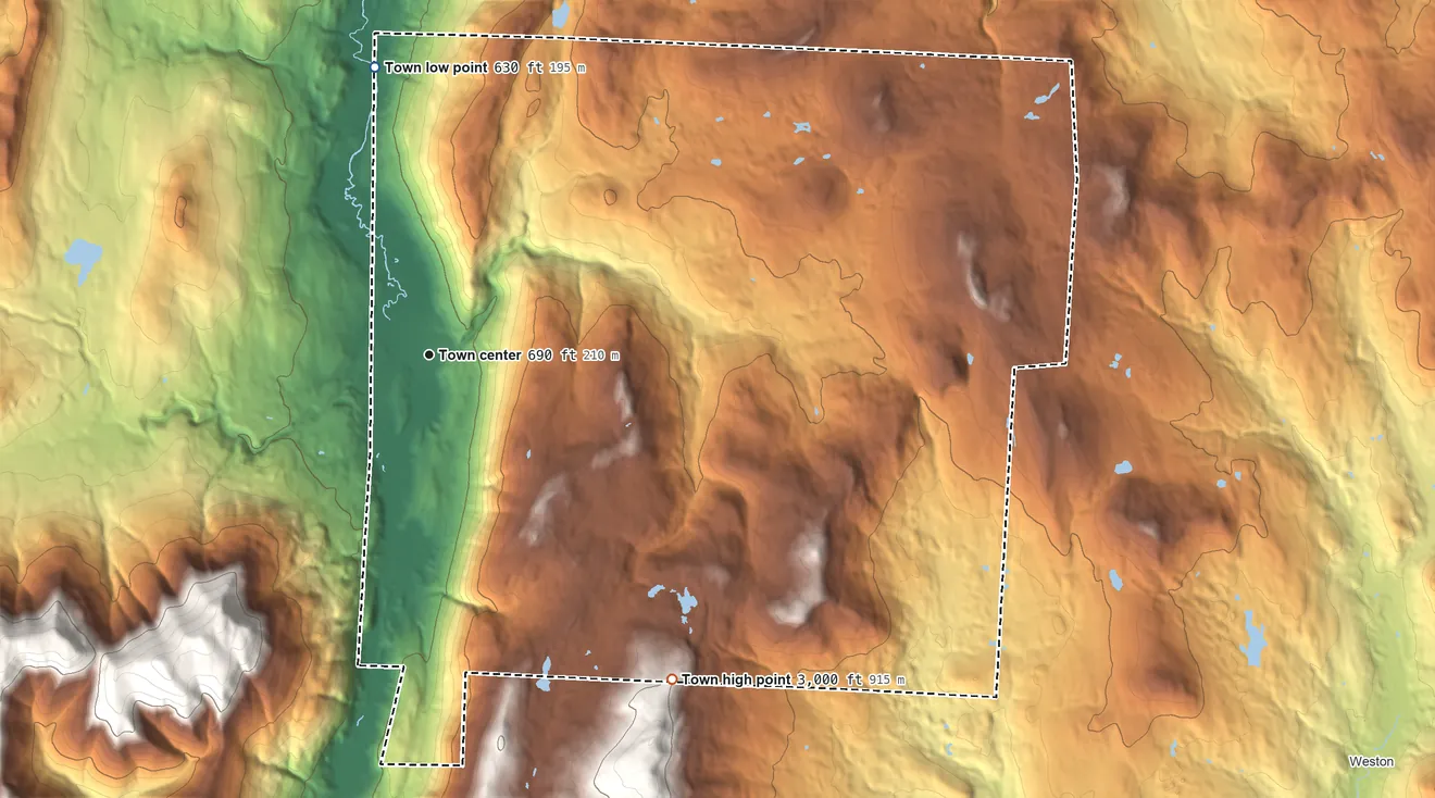 Topographic elevation map of Mount Tabor, Vermont, shaded from 630 ft on the north side to 3,000 ft on the southeast edge, below higher ground just outside