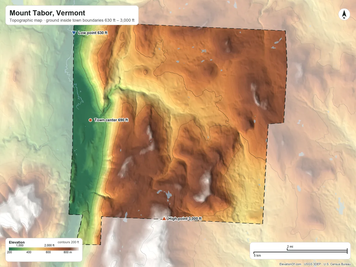 Topographic elevation map of Mount Tabor, Vermont, shaded from 630 ft on the north side to 3,000 ft on the southeast edge, below higher ground just outside