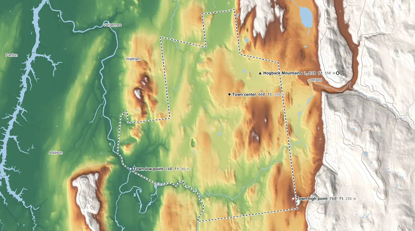 Topographic elevation map of New Haven, Vermont, shaded from 140 ft on the southwest side to 760 ft at the foot of the Green Mountains