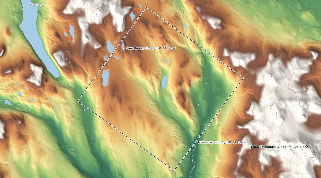 Topographic elevation map of Newark, Vermont, shaded from 1,020 ft on the southeast side to 2,350 ft at the foot of the East Haven Range