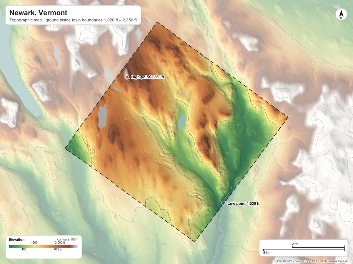 Topographic elevation map of Newark, Vermont, shaded from 1,020 ft on the southeast side to 2,350 ft at the foot of the East Haven Range