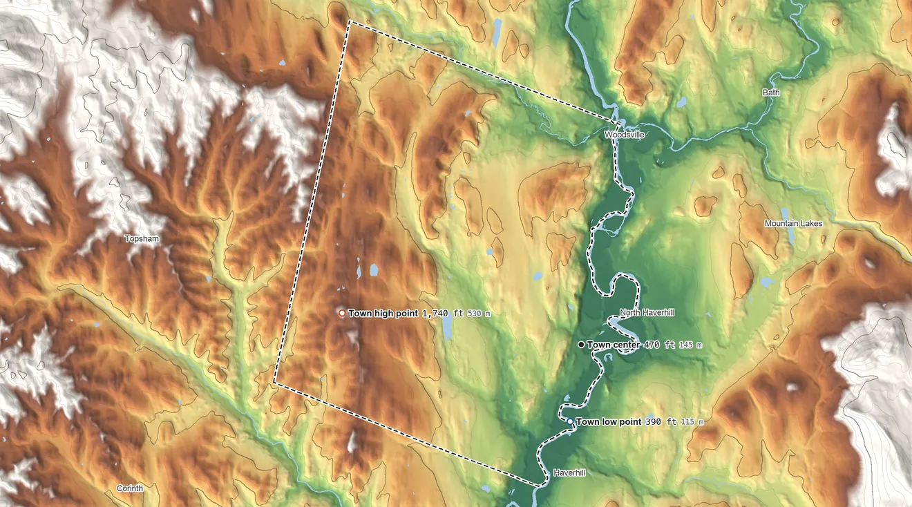Topographic elevation map of Newbury, Vermont, shaded from 390 ft on the south side to 1,740 ft on Woodchuck Mountain