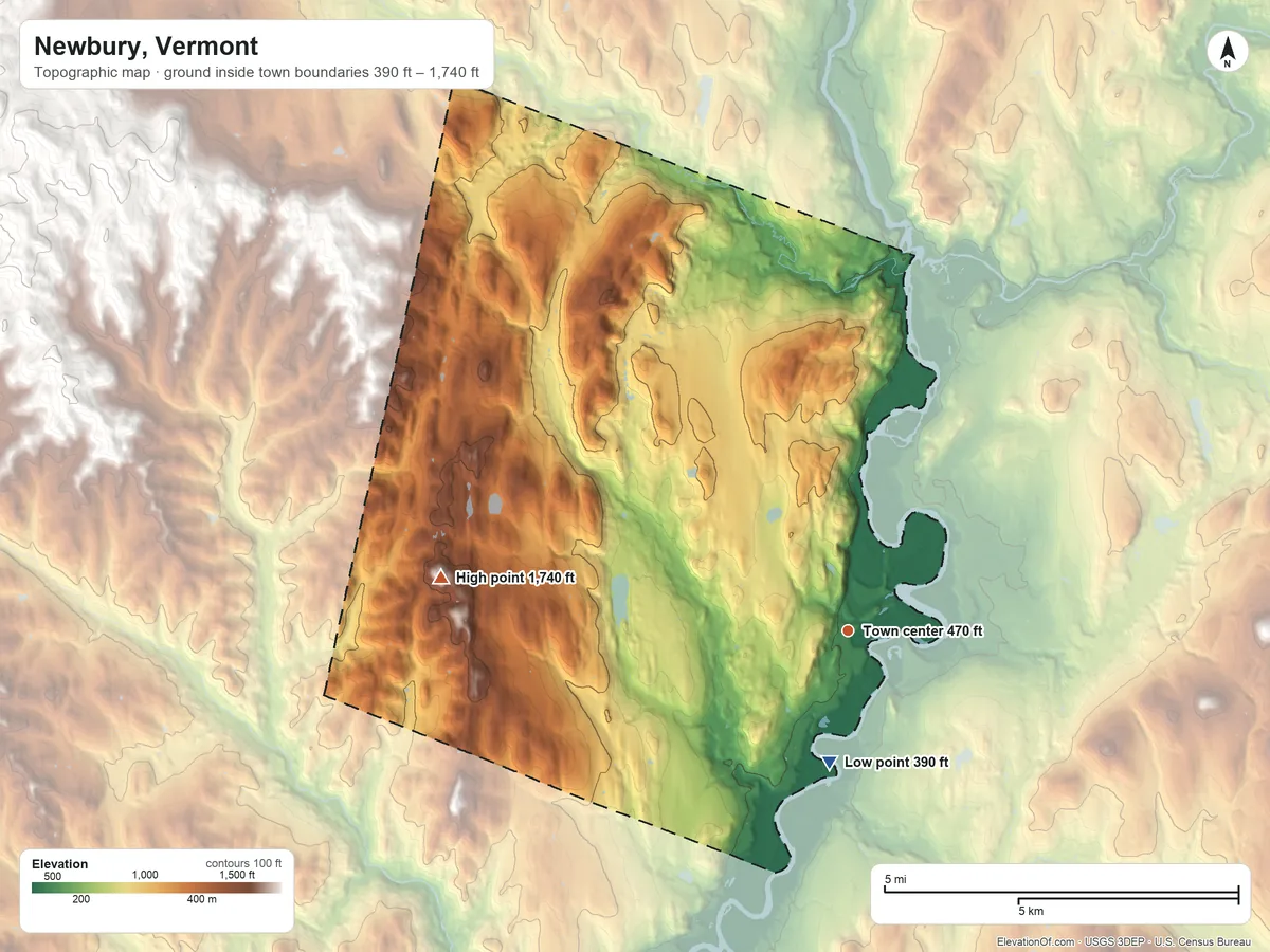 Topographic elevation map of Newbury, Vermont, shaded from 390 ft on the south side to 1,740 ft on Woodchuck Mountain