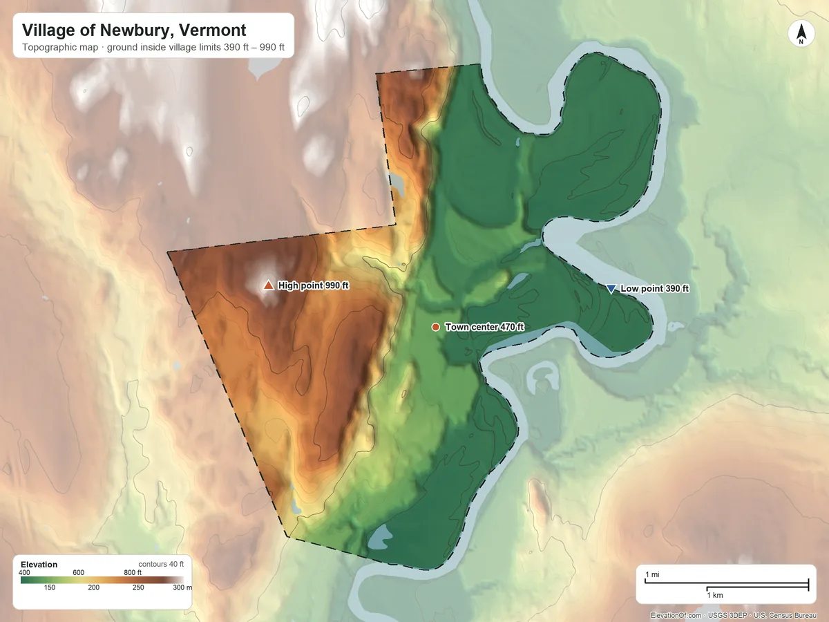 Topographic elevation map of Village of Newbury, Vermont, shaded from 390 ft on the east side to 990 ft on the west side