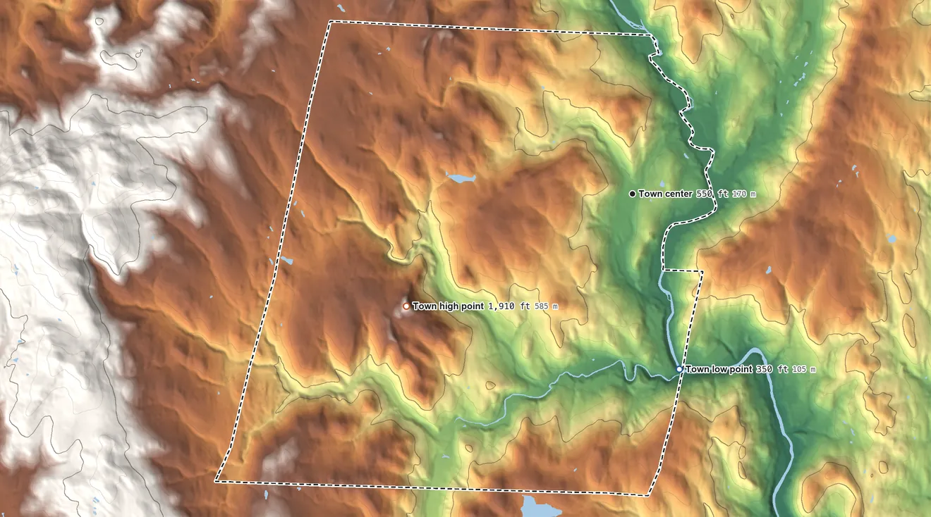 Topographic elevation map of Newfane, Vermont, shaded from 350 ft on the south side to 1,910 ft on the southwest side