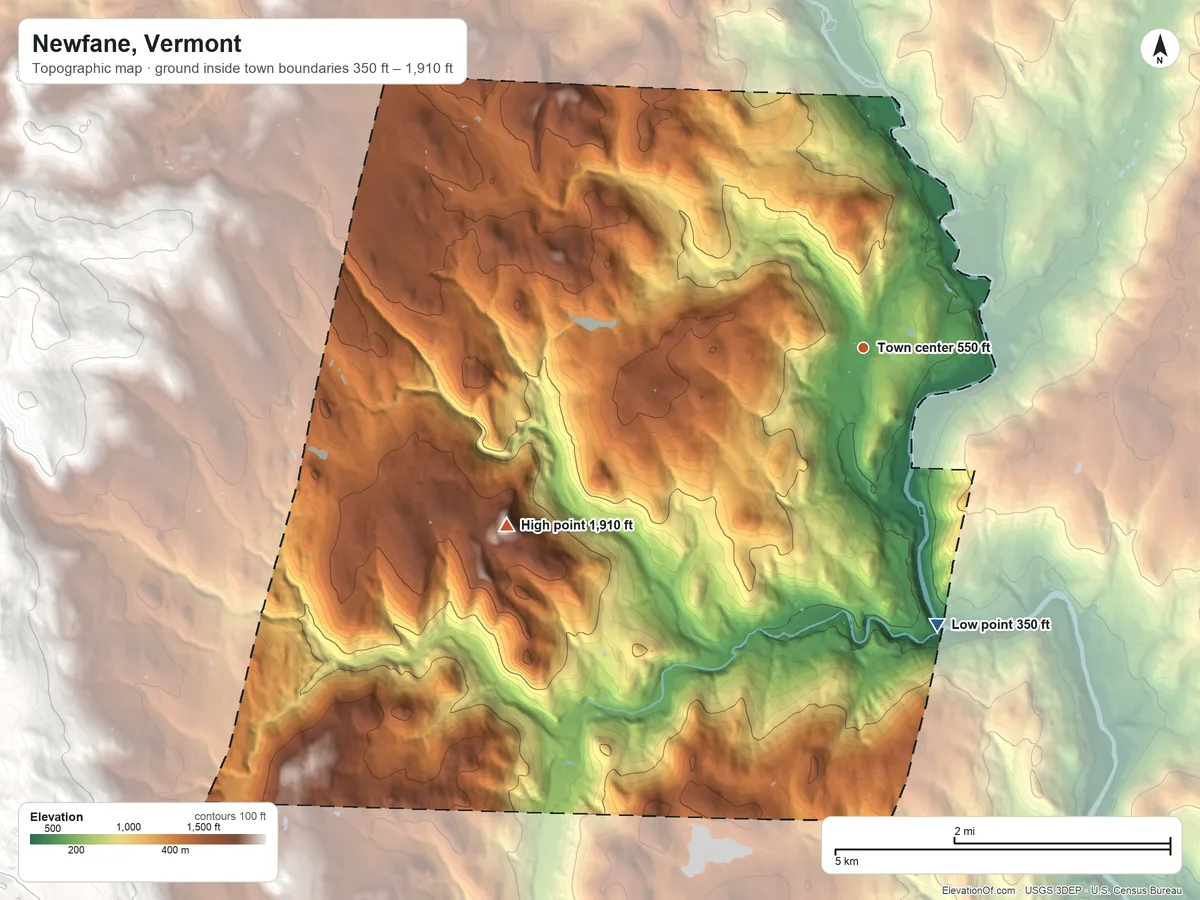 Topographic elevation map of Newfane, Vermont, shaded from 350 ft on the south side to 1,910 ft on the southwest side