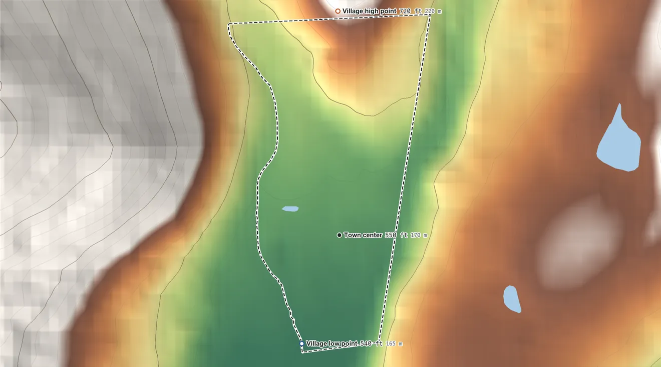 Topographic elevation map of Village of Newfane, Vermont, shaded from 540 ft on the south side to 720 ft on the north edge, below higher ground just outside