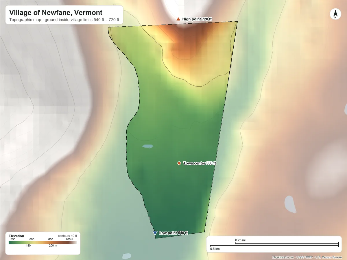 Topographic elevation map of Village of Newfane, Vermont, shaded from 540 ft on the south side to 720 ft on the north edge, below higher ground just outside