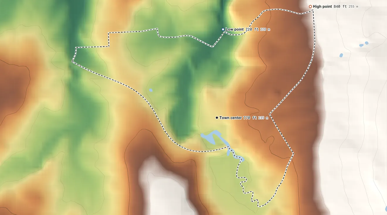 Topographic elevation map of Newport Center, Vermont, shaded from 720 ft on the north side to 840 ft at the foot of the Lowell Mountains