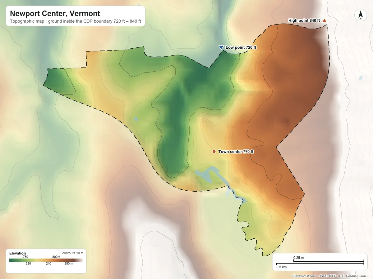 Topographic elevation map of Newport Center, Vermont, shaded from 720 ft on the north side to 840 ft at the foot of the Lowell Mountains
