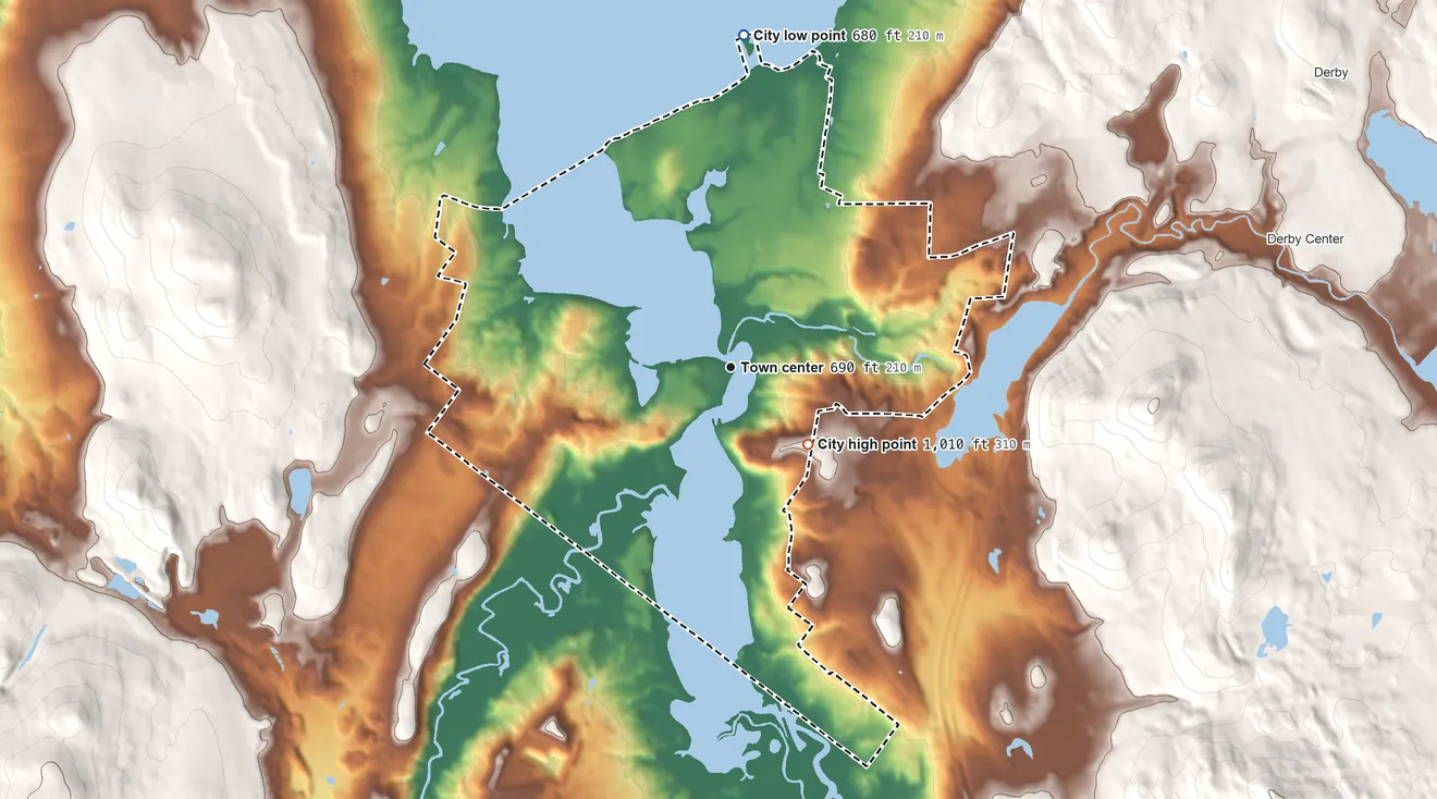 Topographic elevation map of Newport, Vermont, shaded from 680 ft on the north side to 1,010 ft on the southeast side