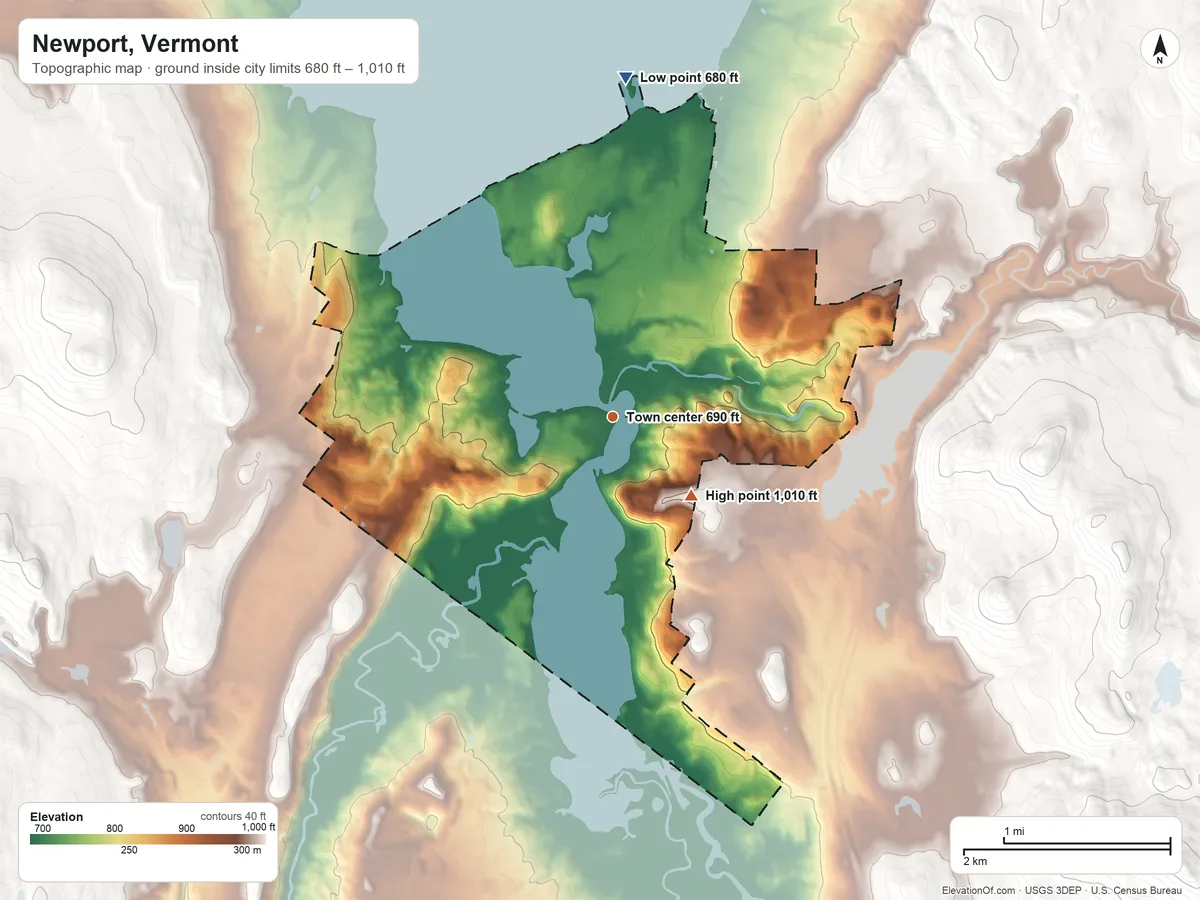 Topographic elevation map of Newport, Vermont, shaded from 680 ft on the north side to 1,010 ft on the southeast side