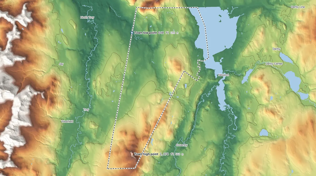 Topographic elevation map of Town of Newport, Vermont, shaded from 640 ft on the northwest side to 2,170 ft on Black Hill