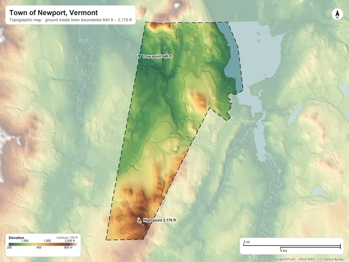 Topographic elevation map of Town of Newport, Vermont, shaded from 640 ft on the northwest side to 2,170 ft on Black Hill