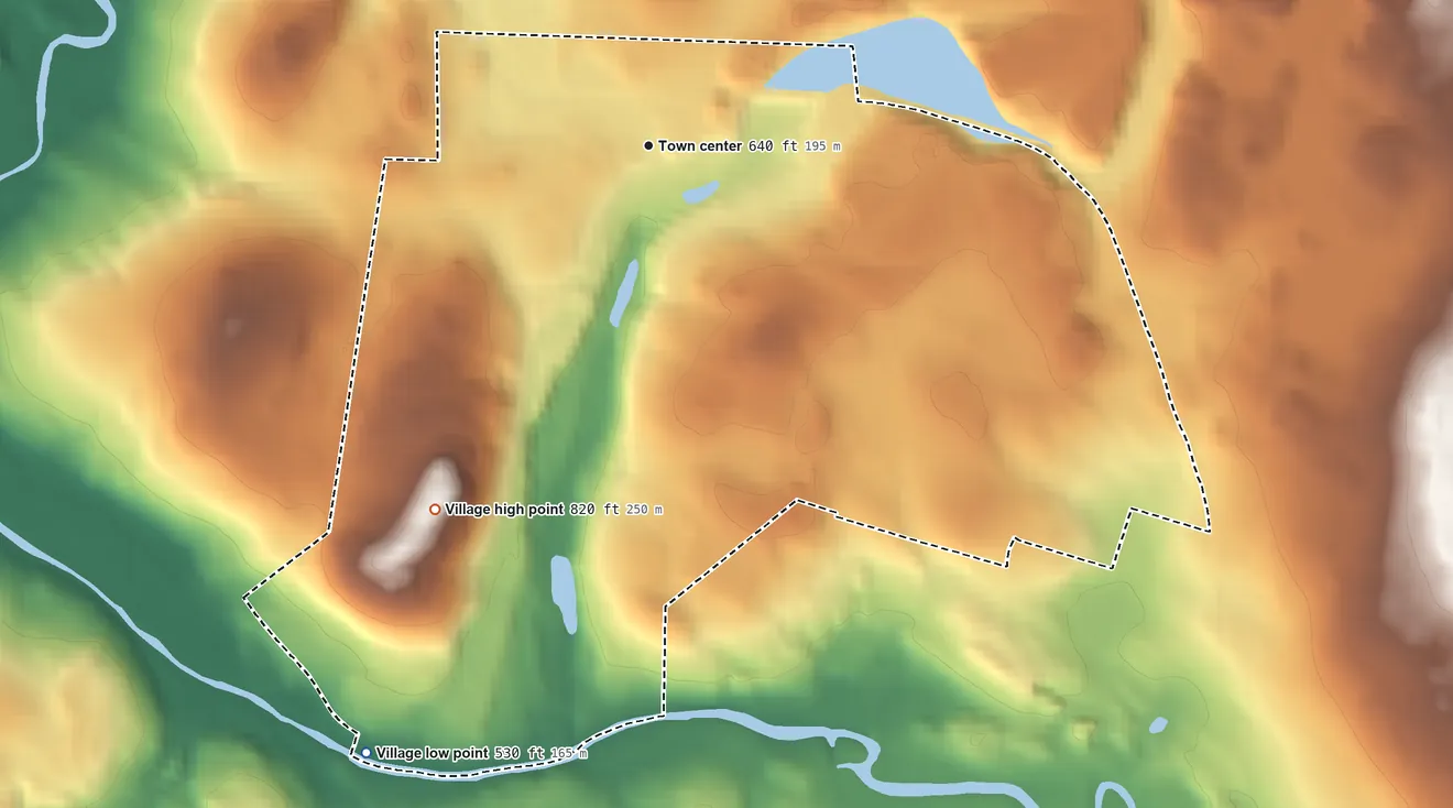 Topographic elevation map of North Bennington, Vermont, shaded from 530 ft on the southwest side to 820 ft on the southwest side