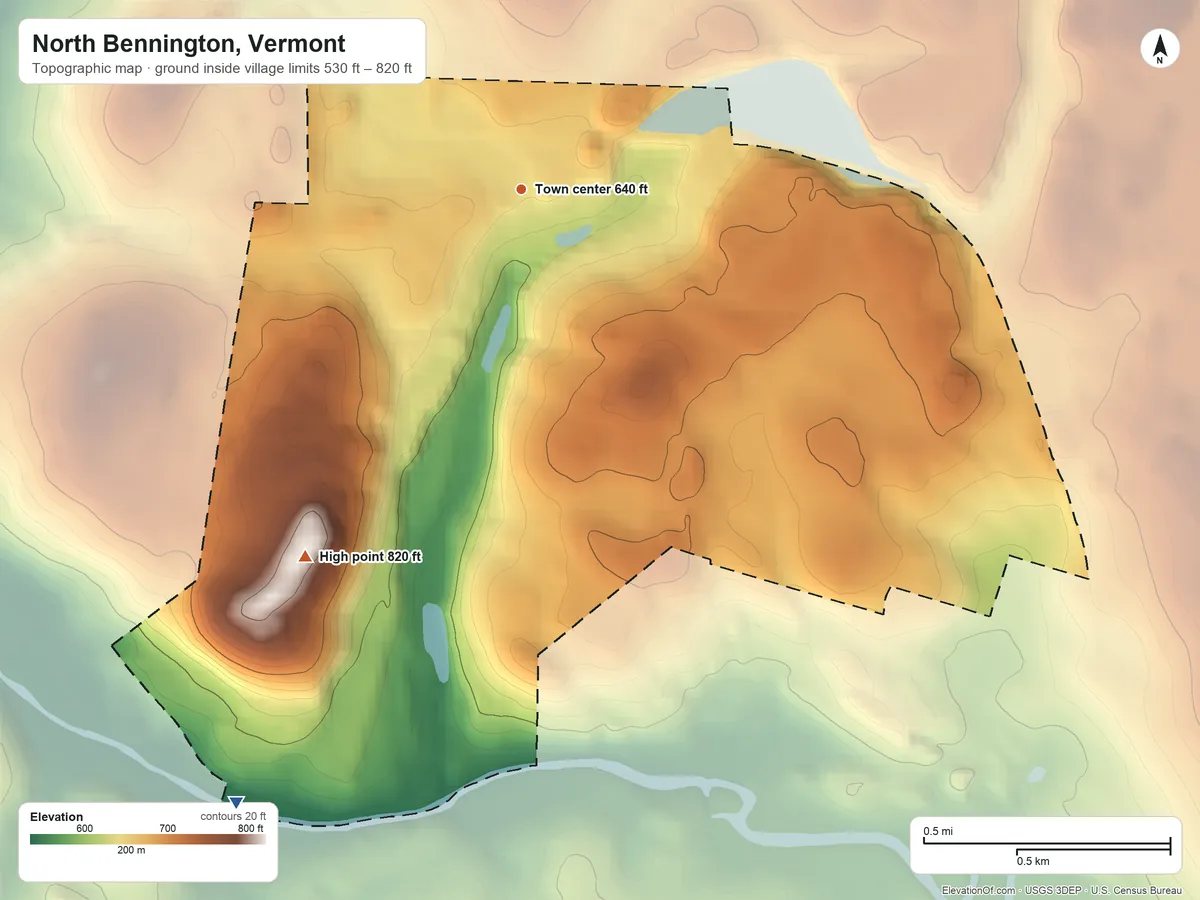 Topographic elevation map of North Bennington, Vermont, shaded from 530 ft on the southwest side to 820 ft on the southwest side