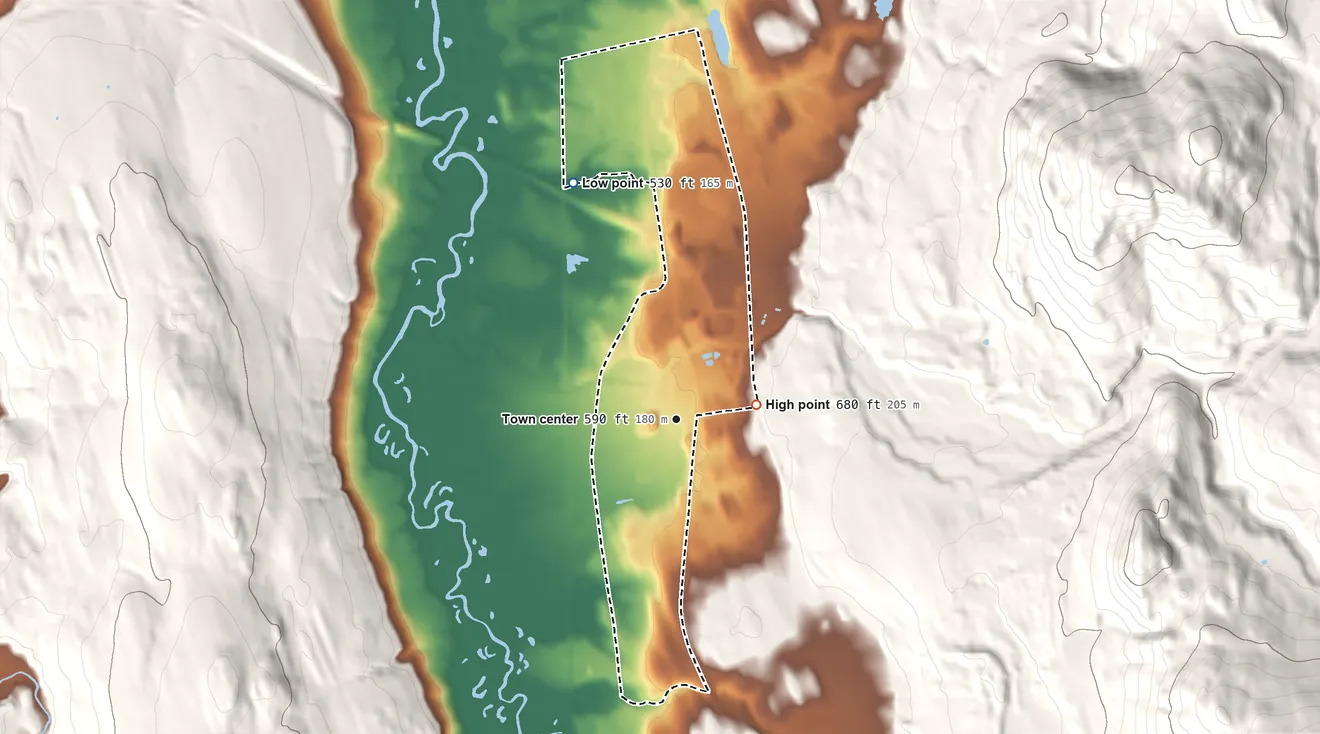 Topographic elevation map of North Clarendon, Vermont, shaded from 530 ft on the northwest side to 680 ft at the foot of the Coolidge Range
