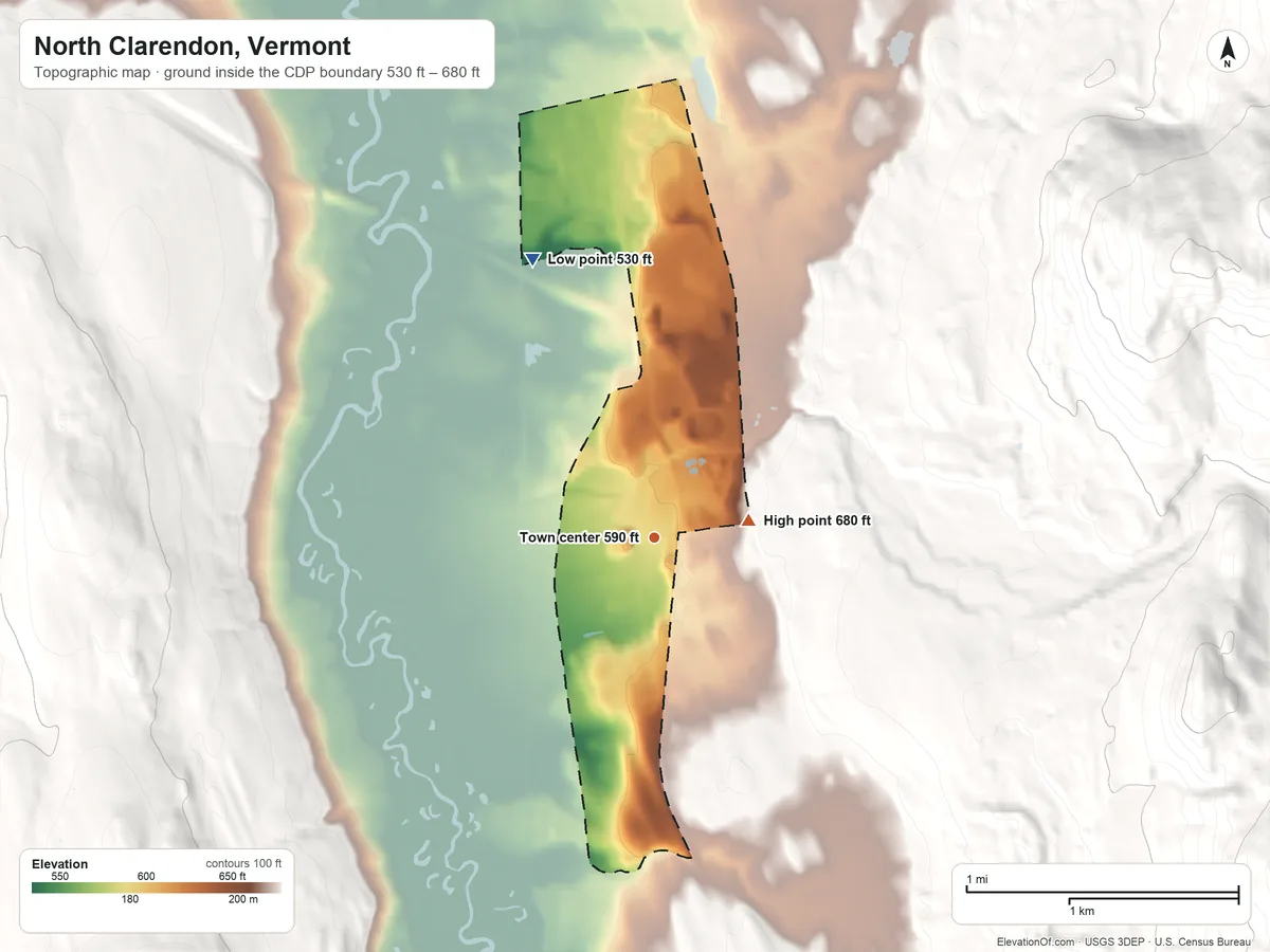 Topographic elevation map of North Clarendon, Vermont, shaded from 530 ft on the northwest side to 680 ft at the foot of the Coolidge Range